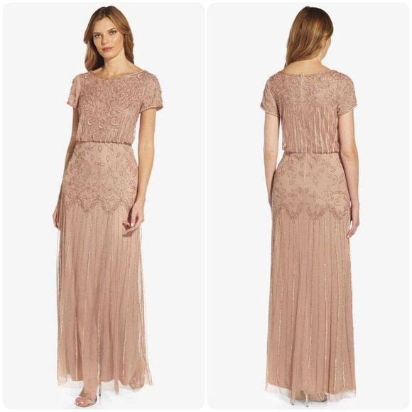 ADRIANNA PAPELL SHORT SLEEVE BLOUSON BEADED GOWN IN ROSE GOLD - Picture 2 of 14